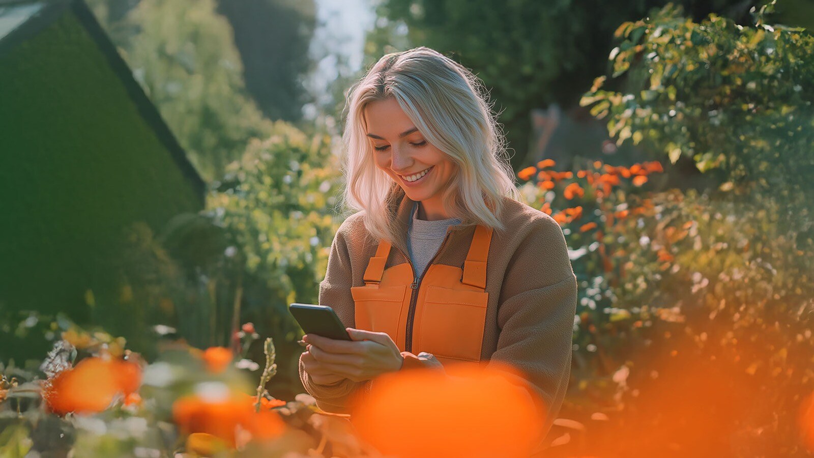 A person with blond hair is sitting in the garden looking at a cell phone, surrounded by green plants and orange flowers.