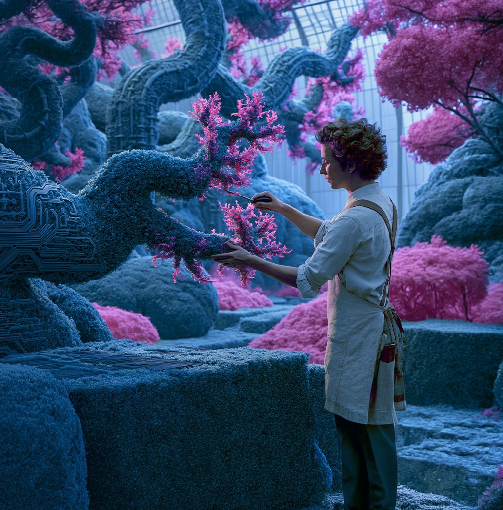 A person in a lab coat tends to a bright pink branch on a monumental tree made of circuit boards in a surreal glass hall.