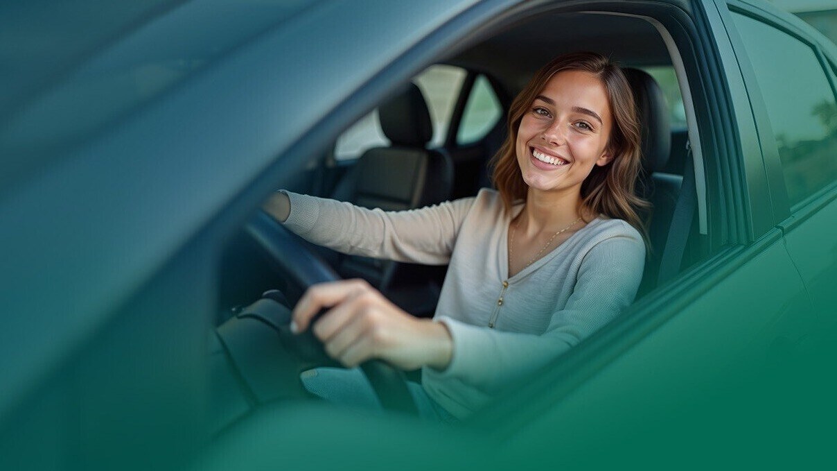 Woman smiling while driving into vehicle.