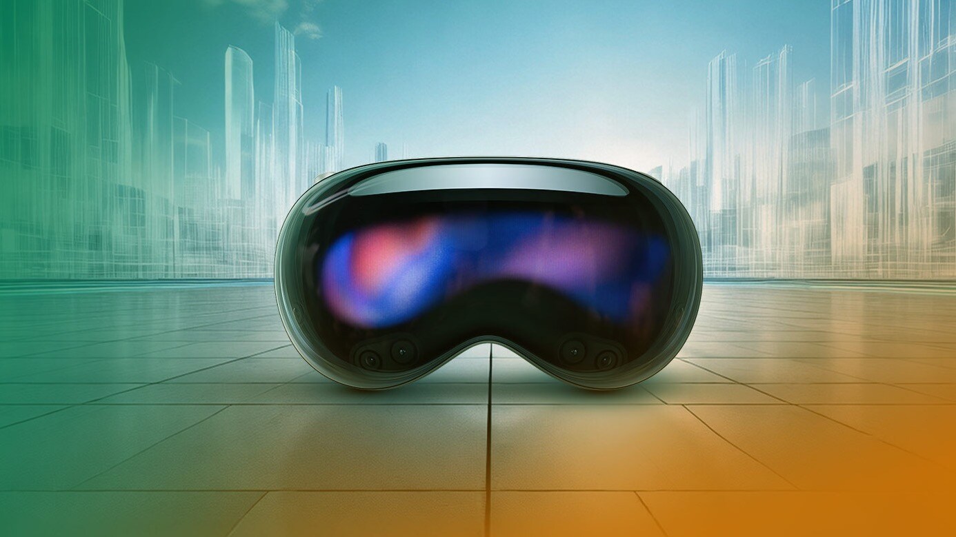 Apple Vision Pro with city in the background
