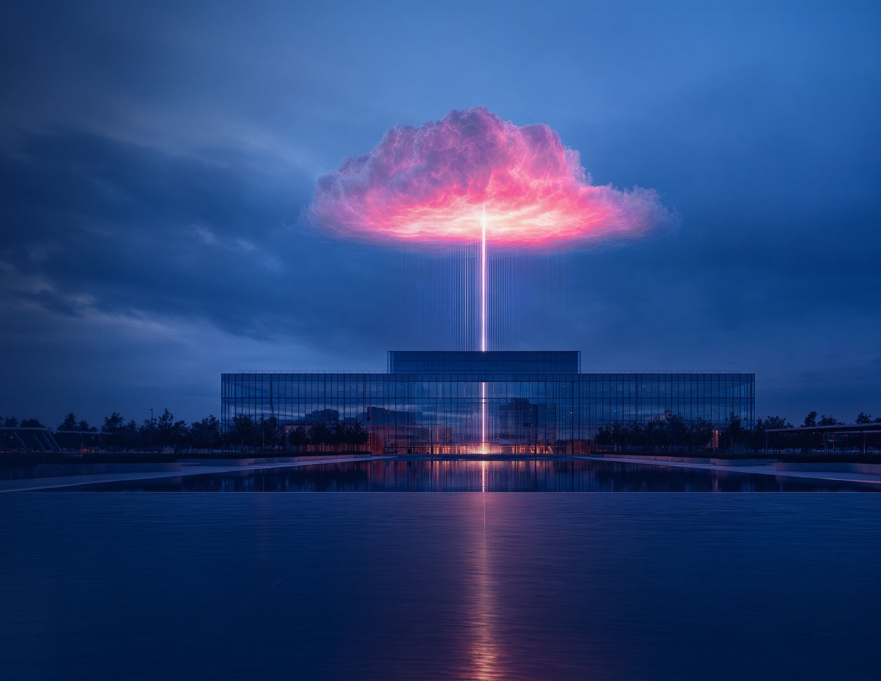 Modernes Glasgebäude am Wasser in der Dämmerung, darüber eine rosa leuchtende Wolke mit Lichtstrahl zum Gebäude