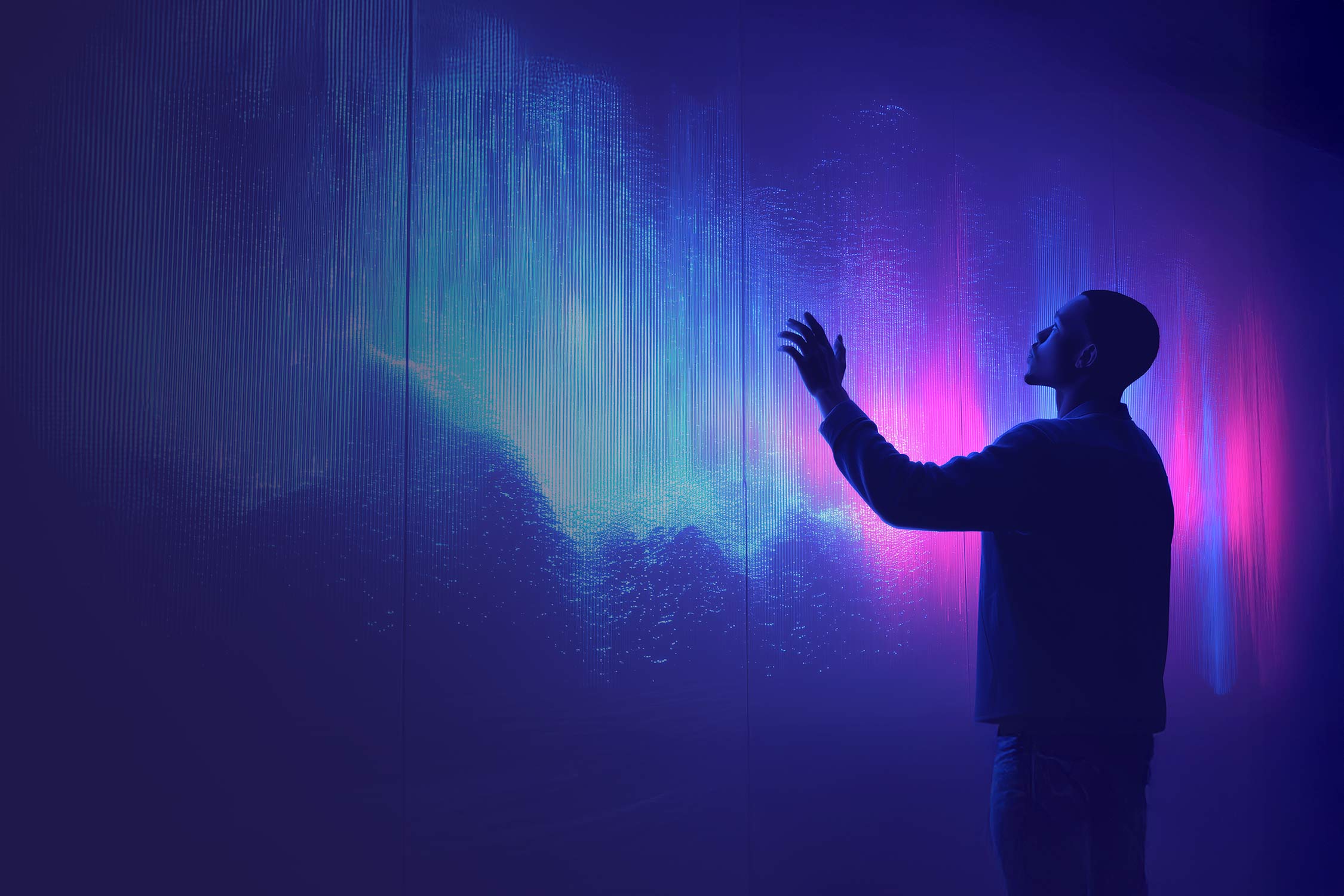 A person interacts with a colorful, digitally animated interface in a dark environment.