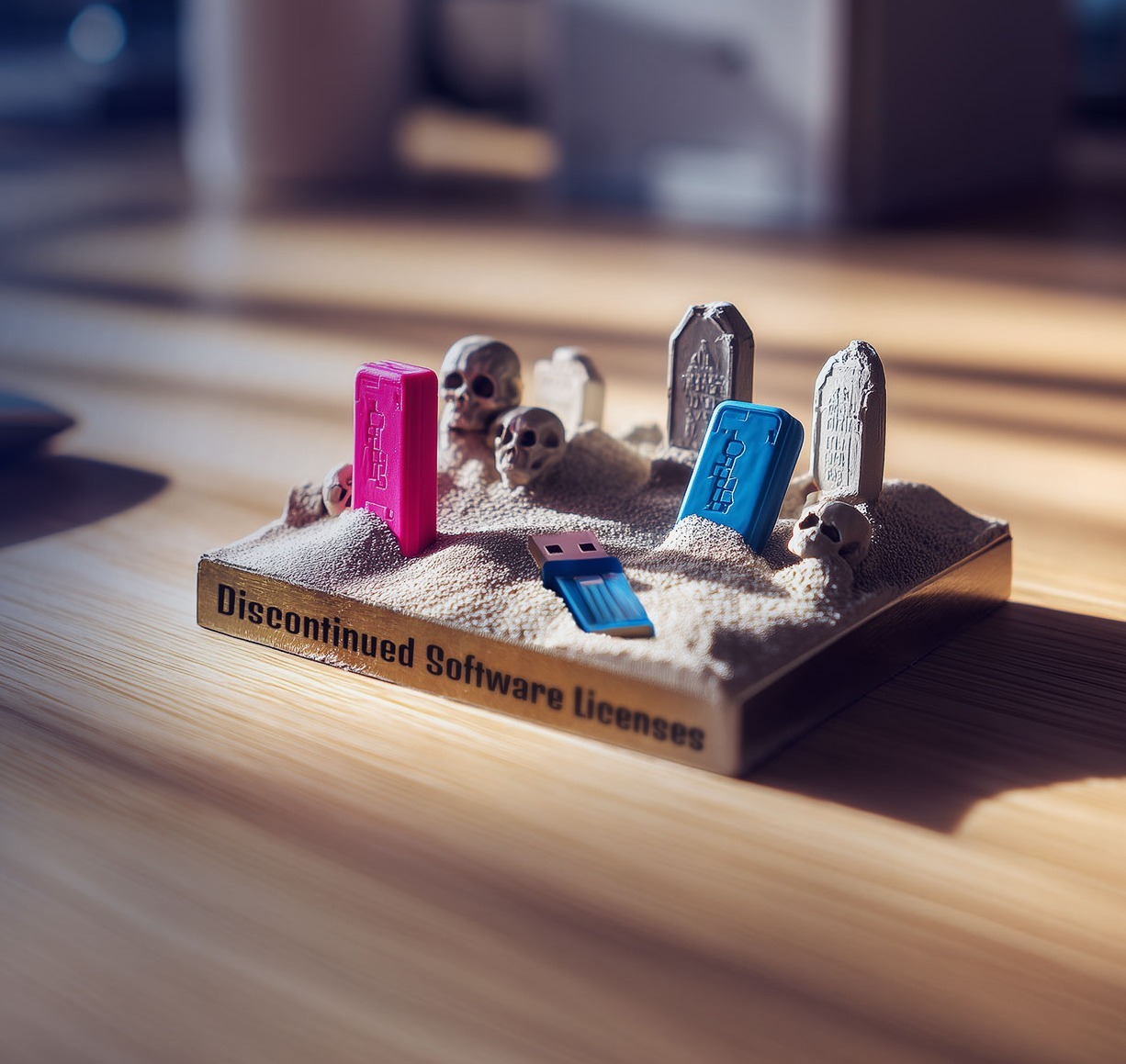 Miniature graveyard on a wooden base with USB sticks, tombstones and skulls, labeled 