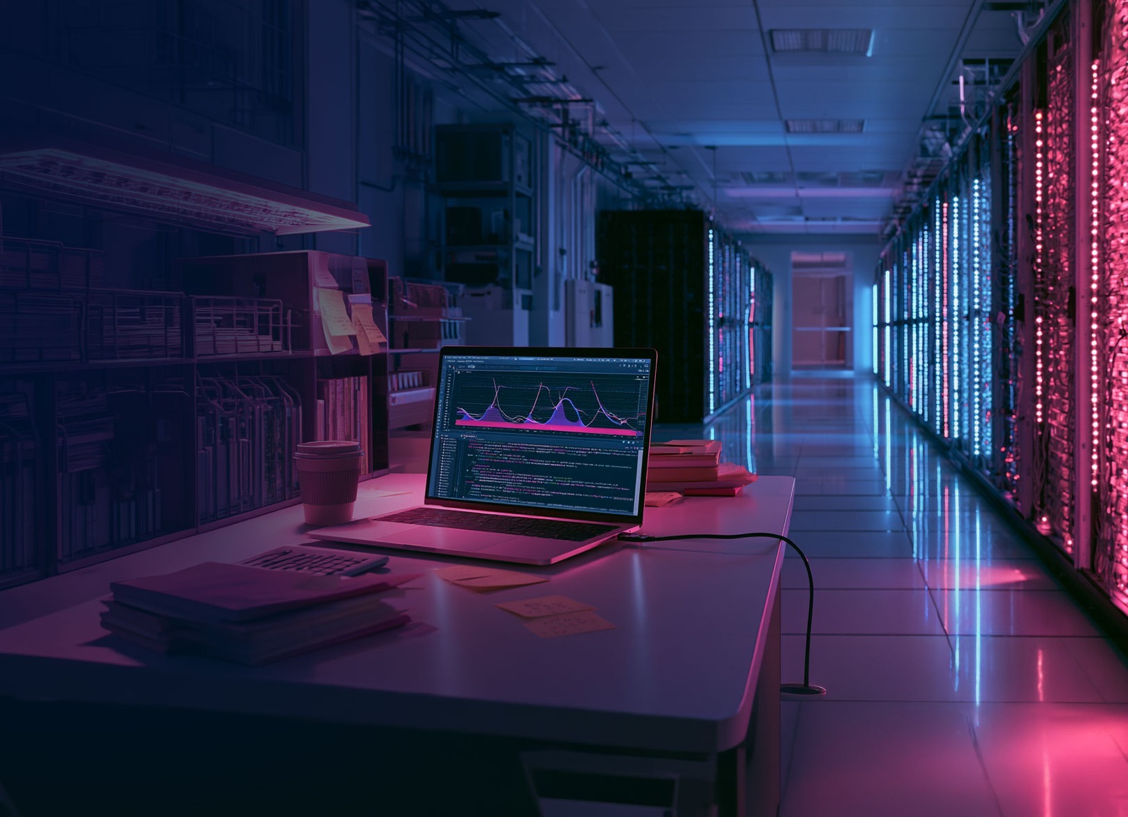Laptop mit Diagrammen und Code auf einem Arbeitstisch in einem Rechenzentrum mit blau-pink beleuchteten Serverschränken