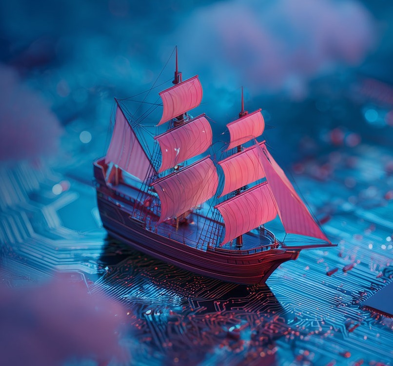 A small ship sails across a circuit board through the clouds