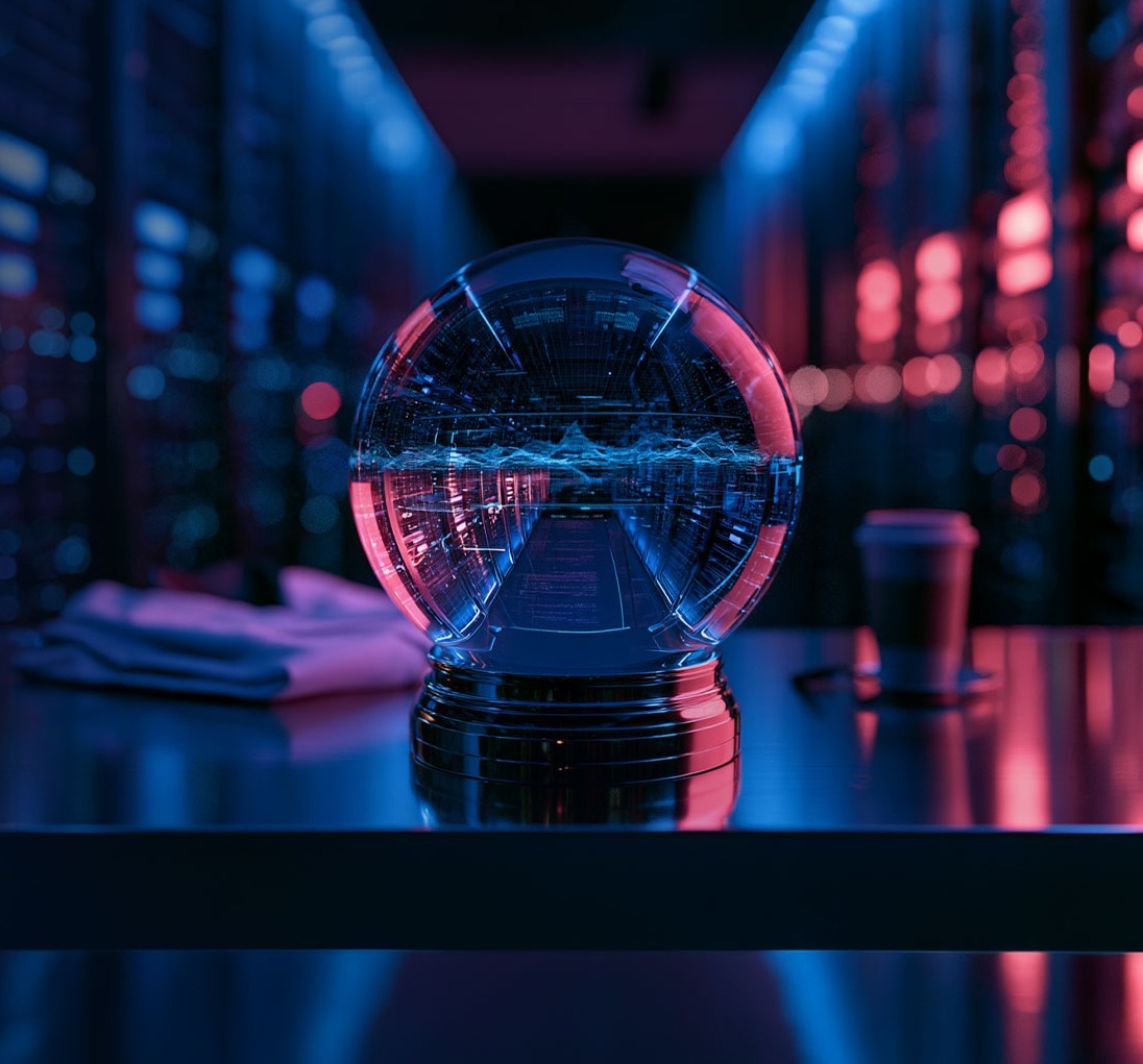Glass sphere with a data visualisation inside, on a table in a data centre with blue and red lighting