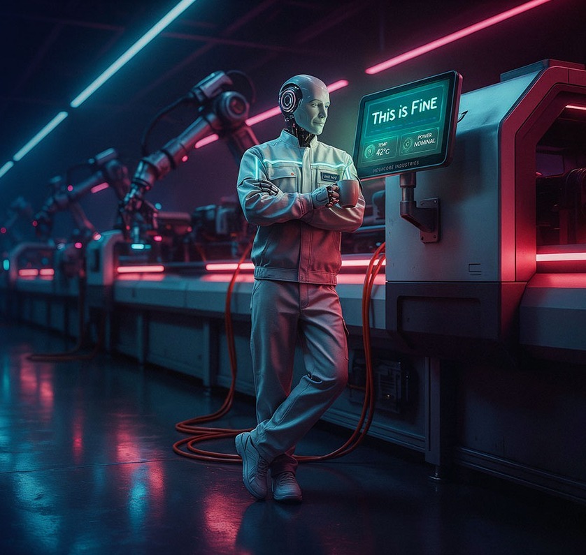 A robot holding a coffee cup is leaning casually against an industrial machine; in the background, a display reads “This is fine.