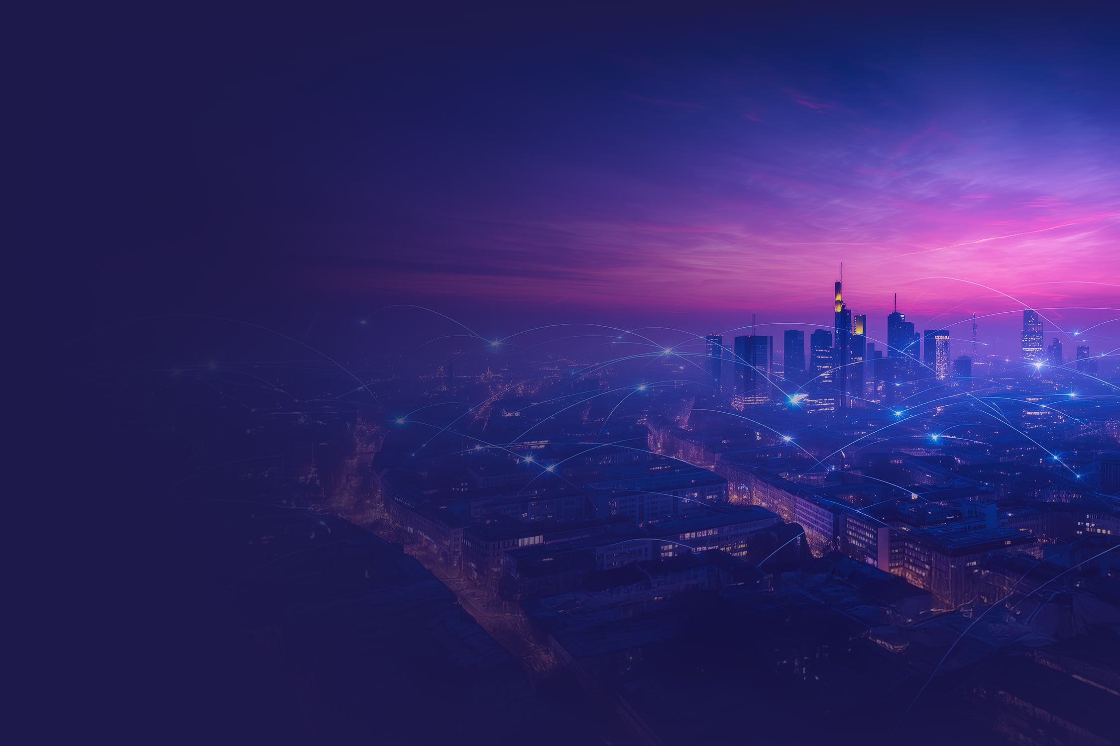 A futuristic cityscape at sunset with a glowing violet-blue sky. Glowing digital connection lines run above the high-rise buildings, symbolizing a connected, smart city