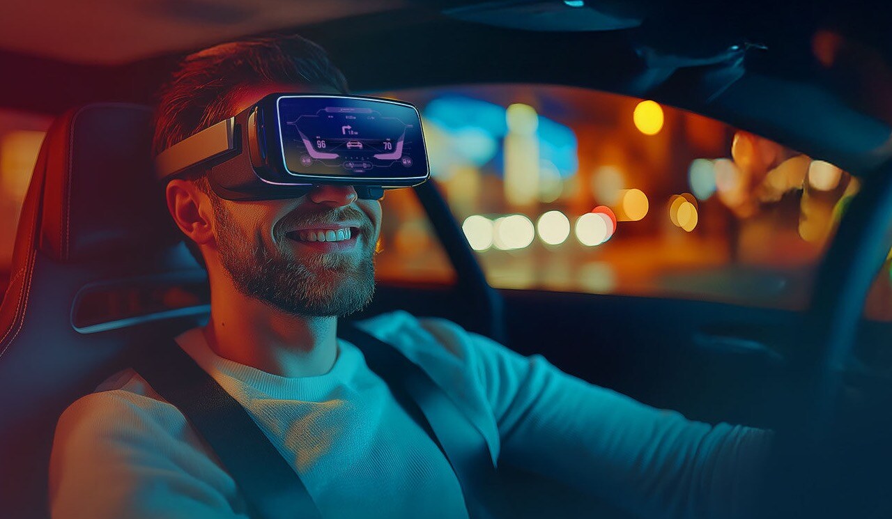 A person wearing virtual reality glasses drives a car in an urban environment at night with illuminated buildings in the background.