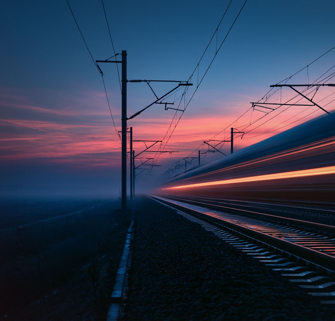 Bahngleise mit Oberleitungen in der Abenddämmerung, rechts die Lichtspur eines vorbeifahrenden Zuges