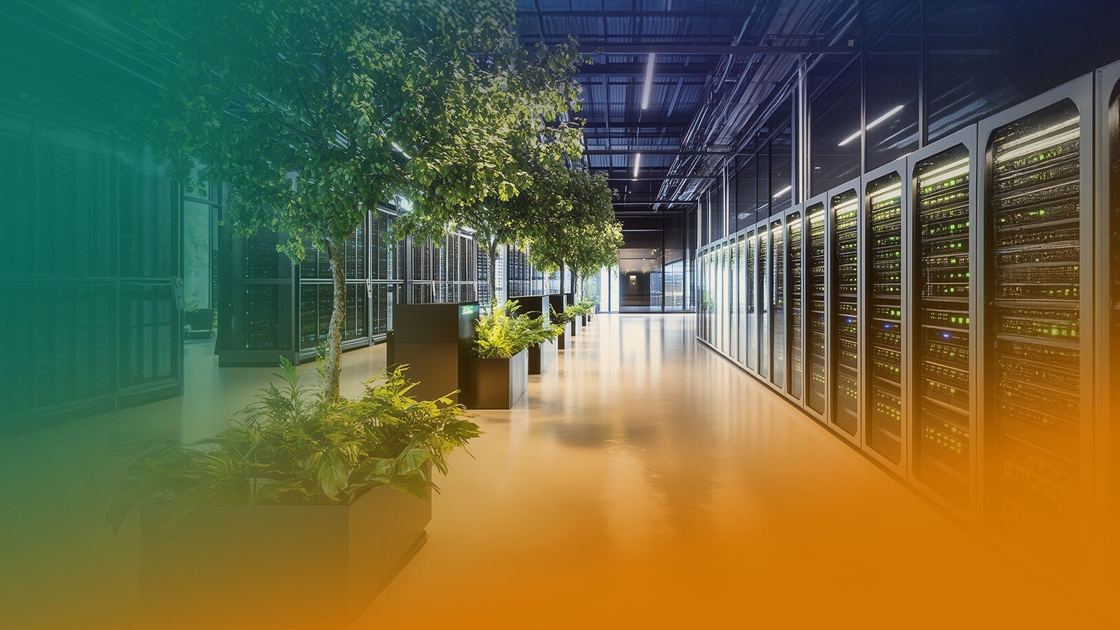Server room with green planting, demonstrating data platform for the Azure Cloud.