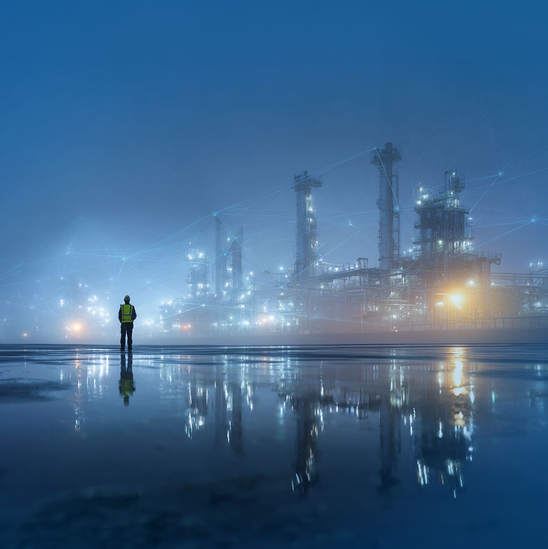 A person wearing a high-visibility vest stands in front of a lit industrial facility at night in the fog; a reflection on the wet ground.