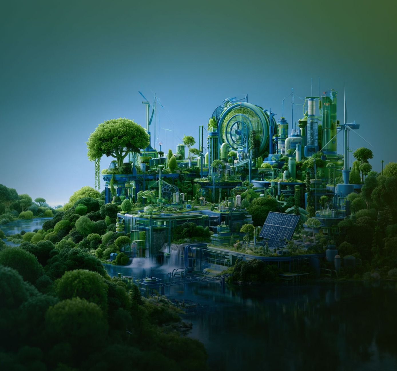 Futuristische grüne Stadtlandschaft mit Windrädern, Solarpanels und Wasserfall inmitten dichter Bäume in Blau-Grün-Tönen