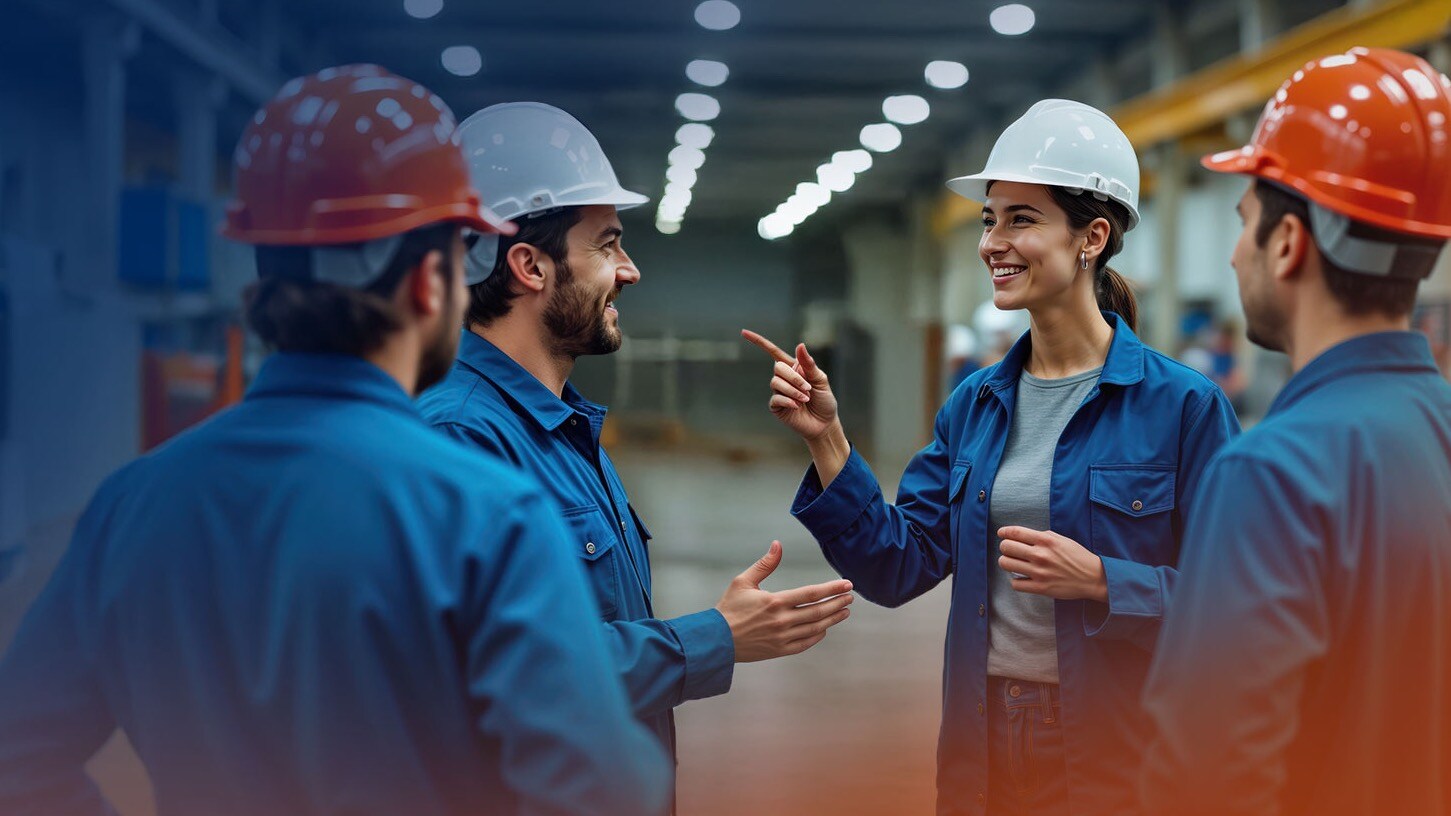 Groups of workers in hard hats discuss 