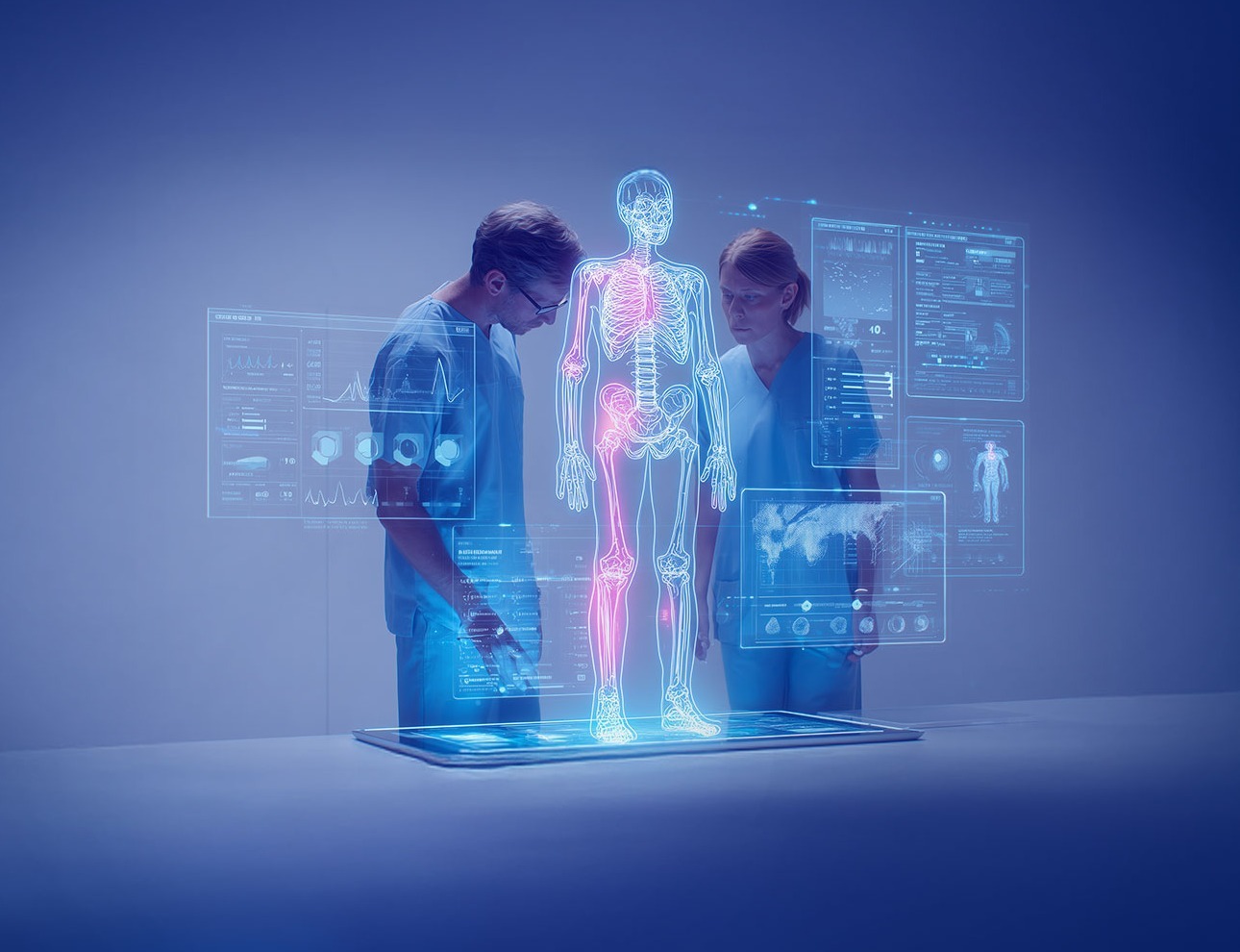 Two orthopaedic surgeons view a transparent 3D hologram of the skeleton and musculature on an elegant tablet interface, surrounded by floating UI panels.