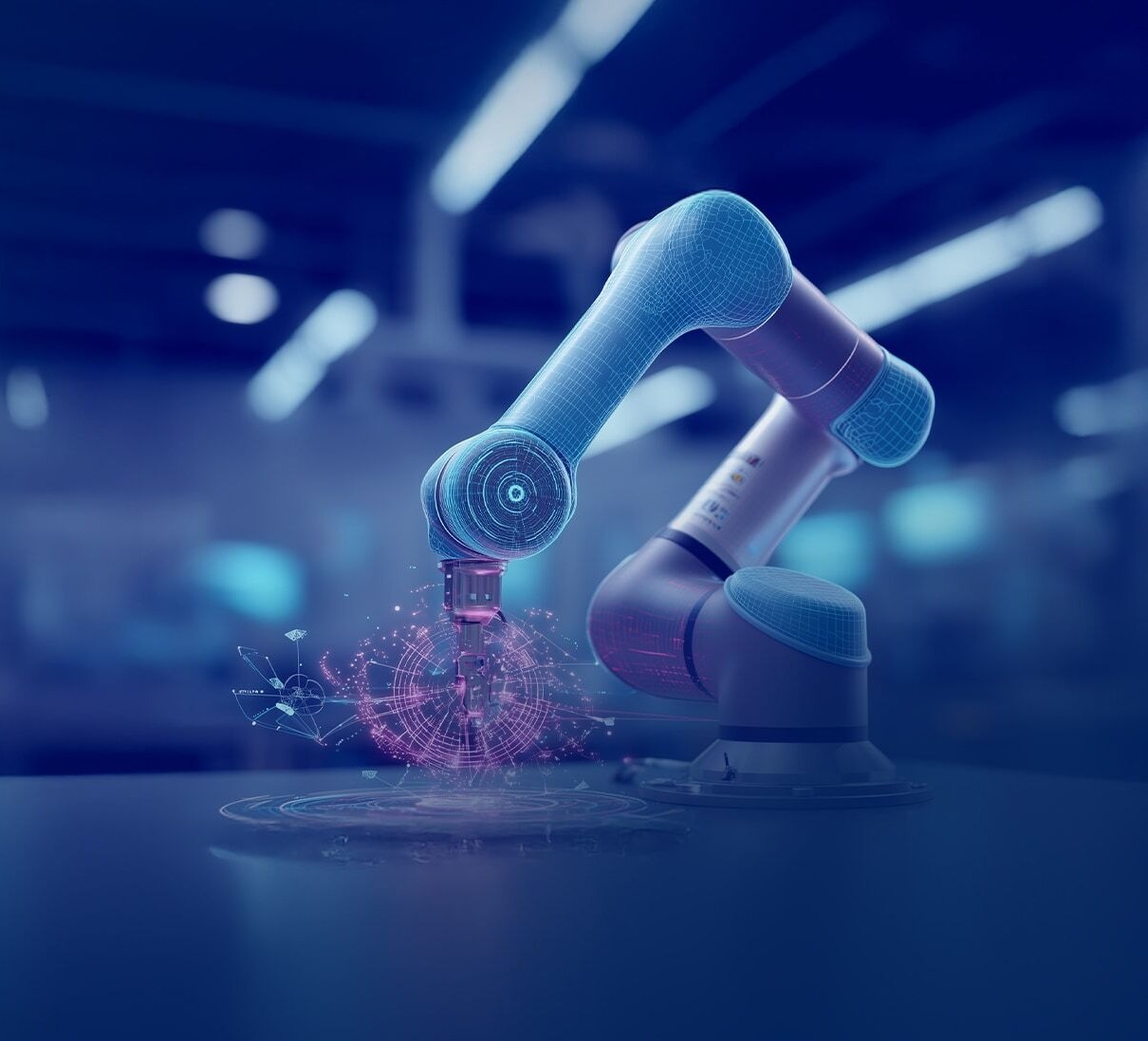 A robotic arm places precise digital data in a futuristic, dark room.