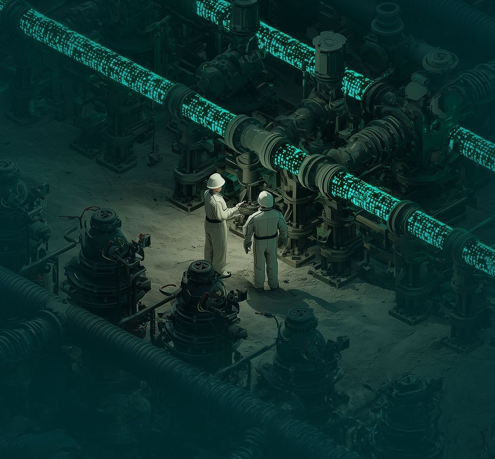 Two people in white protective suits stand in front of a pipeline through which green glowing data streams are pumped