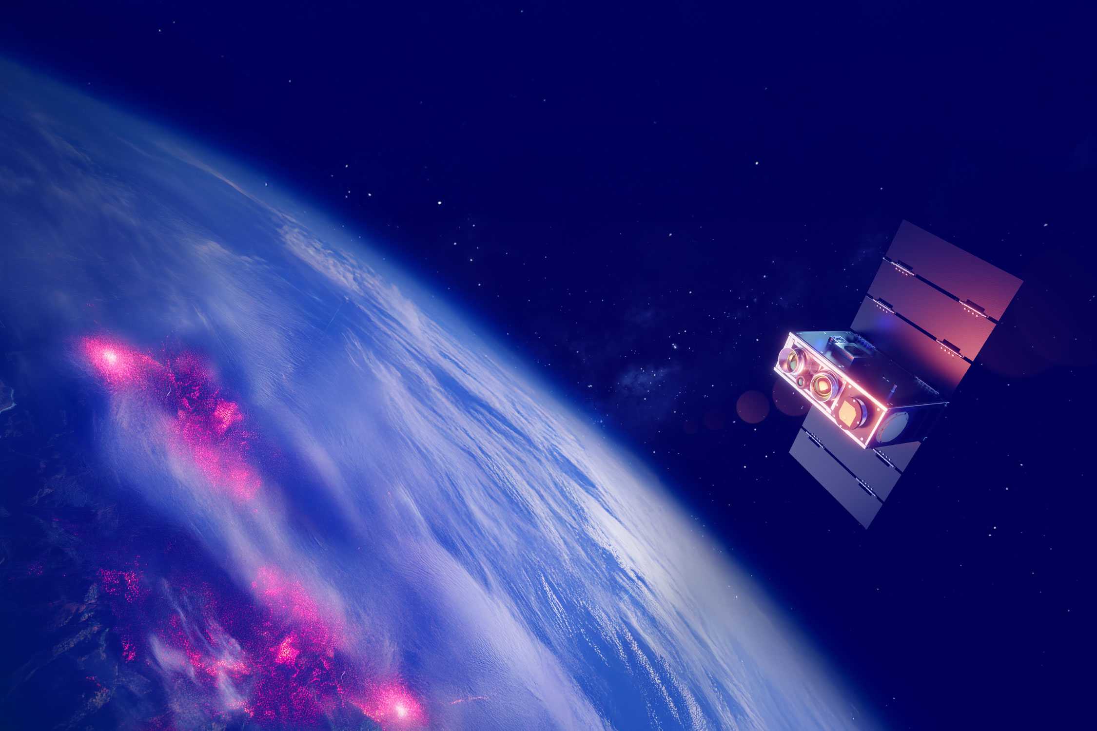 A shot from space with a view of the earth. A satellite hovers in the foreground. A forest fire can be seen on the ground below.