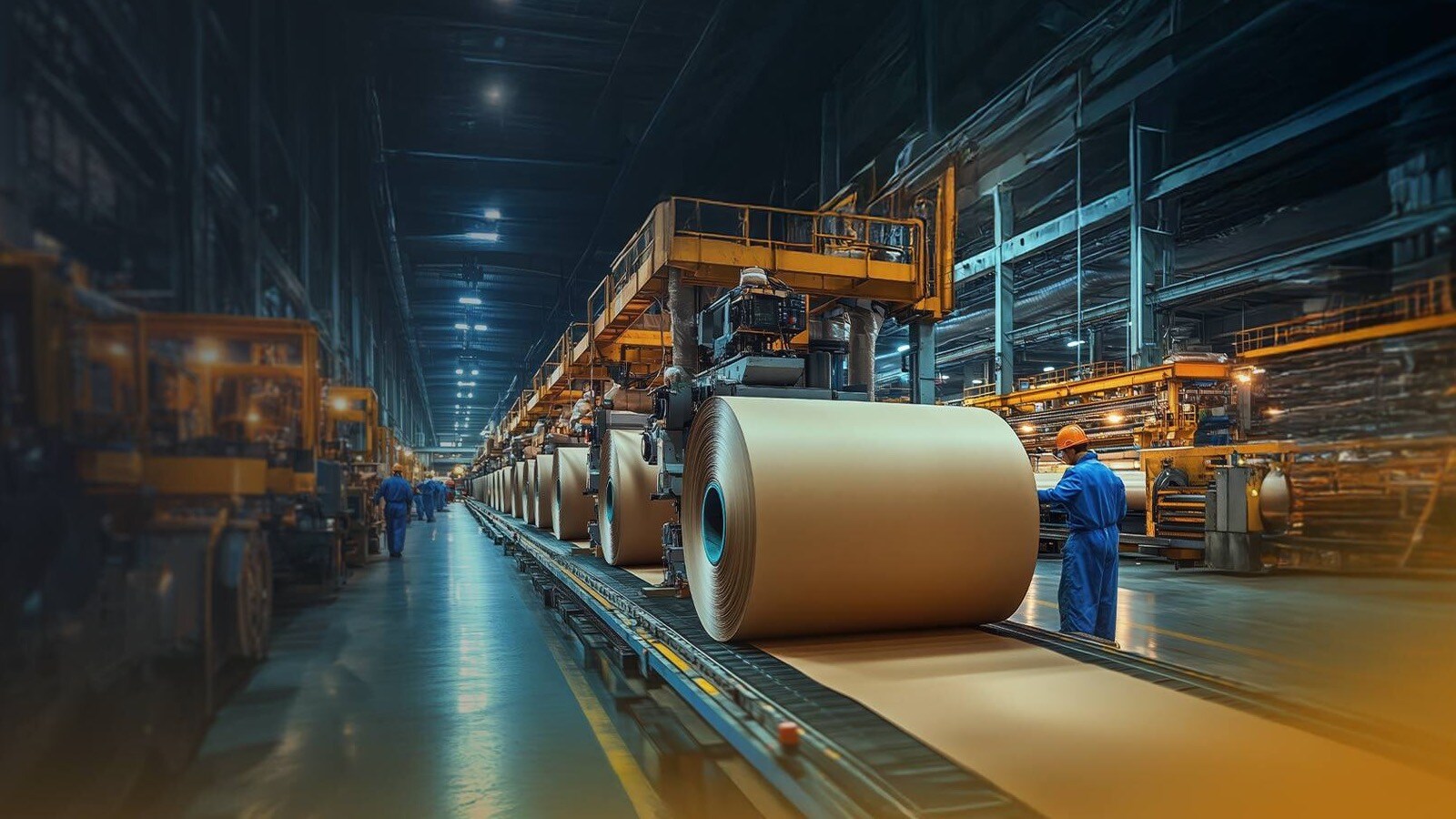 Large rollers on conveyor belt in factory.