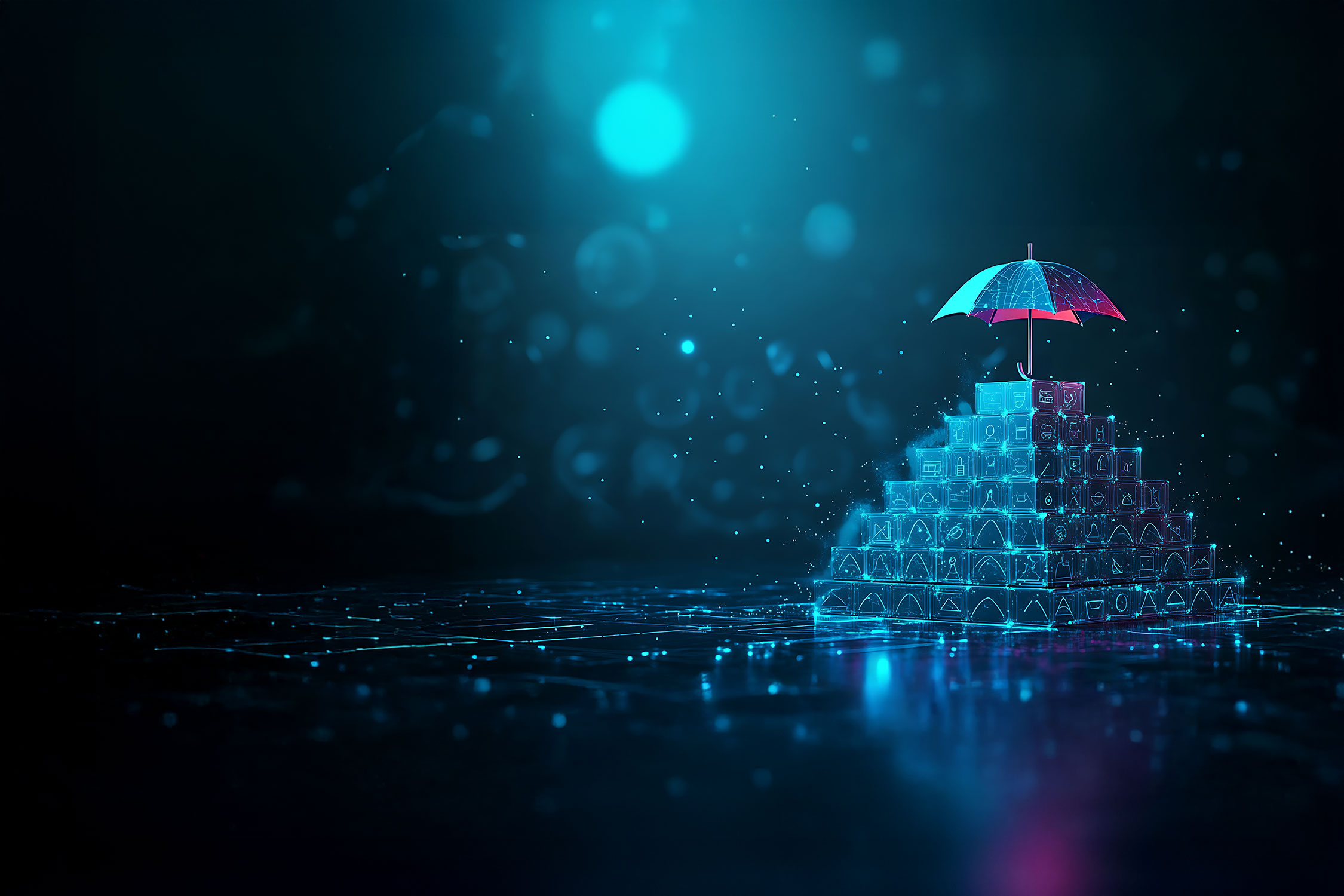 A dark blue background. On the right, a bright blue stepped pyramid made of transparent cubes stands on the surface of the water; a colorful, patterned umbrella sits at its very top. Small particles of light float around the pyramid.