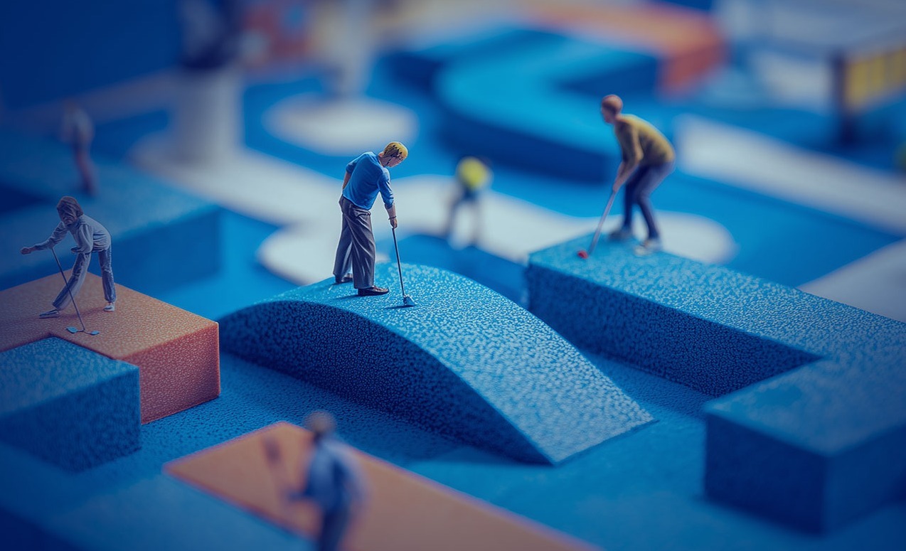 A miniature model of a mini-golf course with several small figures playing mini-golf.