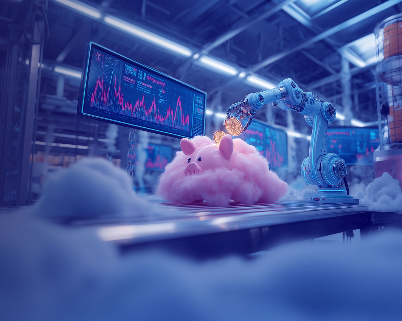 A slender robotic arm in a production hall, picking up coins and placing them in a piggy bank-shaped cloud, while console screens in the background display cost-waste diagrams.