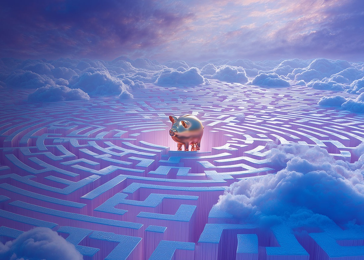 A complex labyrinth of floating cloud paths that lead to a shiny, golden piggy bank in the middle.