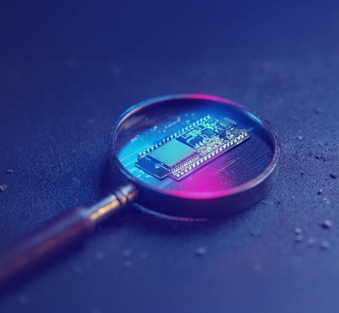 A microcontroller lies under a magnifying glass