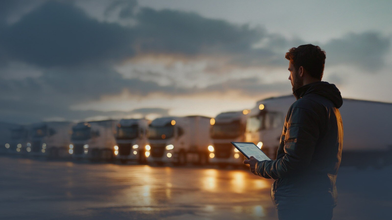 Man checks MAN trucks at sunset.