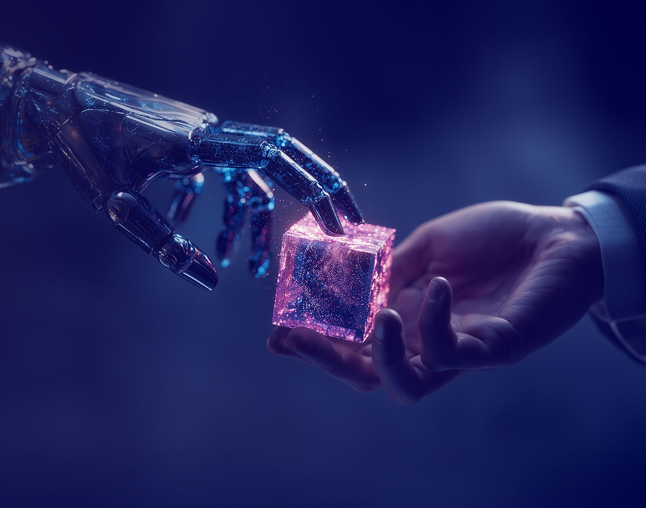 Eine menschliche Hand und eine Roboterhand berühren einen leuchtenden Würfel.