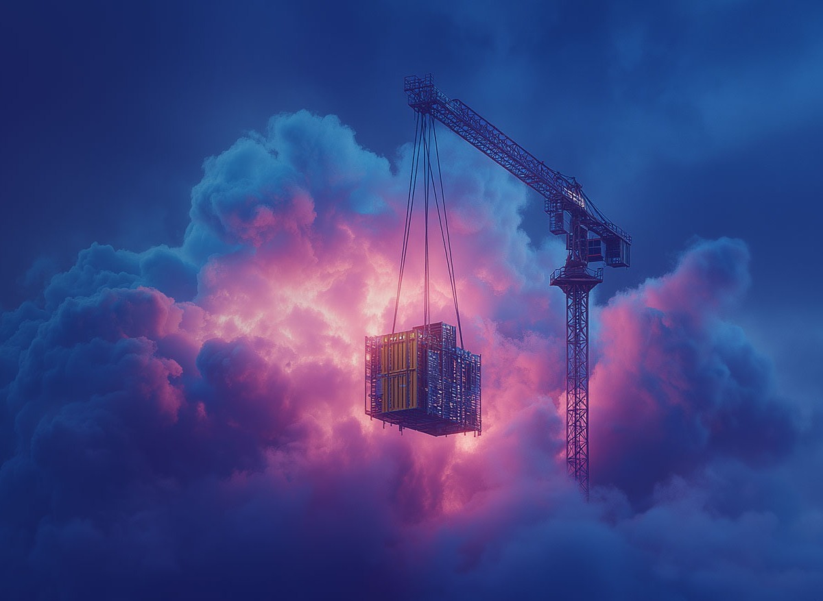 Ein Kran hebt ein Server Rack hoch in die Wolken, umgeben von dramatischem Licht.