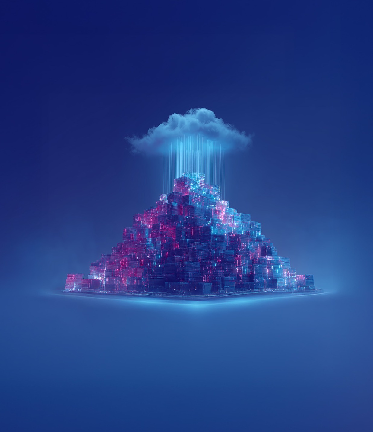 A cloud transmits digital data streams to a pyramidal network of luminous data storage devices.