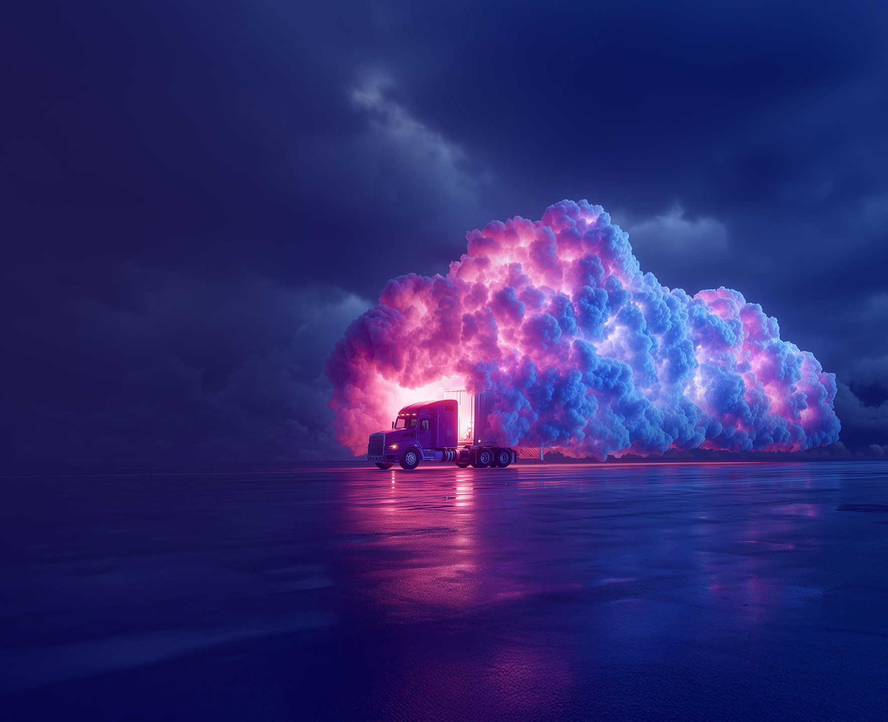 A truck shaped like a cloud drives across reflective wet asphalt against a horizon filled with dramatic clouds.