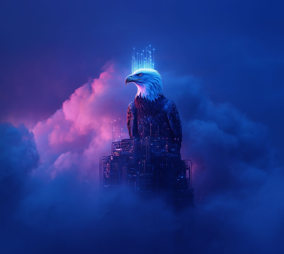A majestic eagle with a small digital crown sits atop a sleek, futuristic data center tower against a backdrop of morning sky clouds, symbolizing vigilant control over your data.