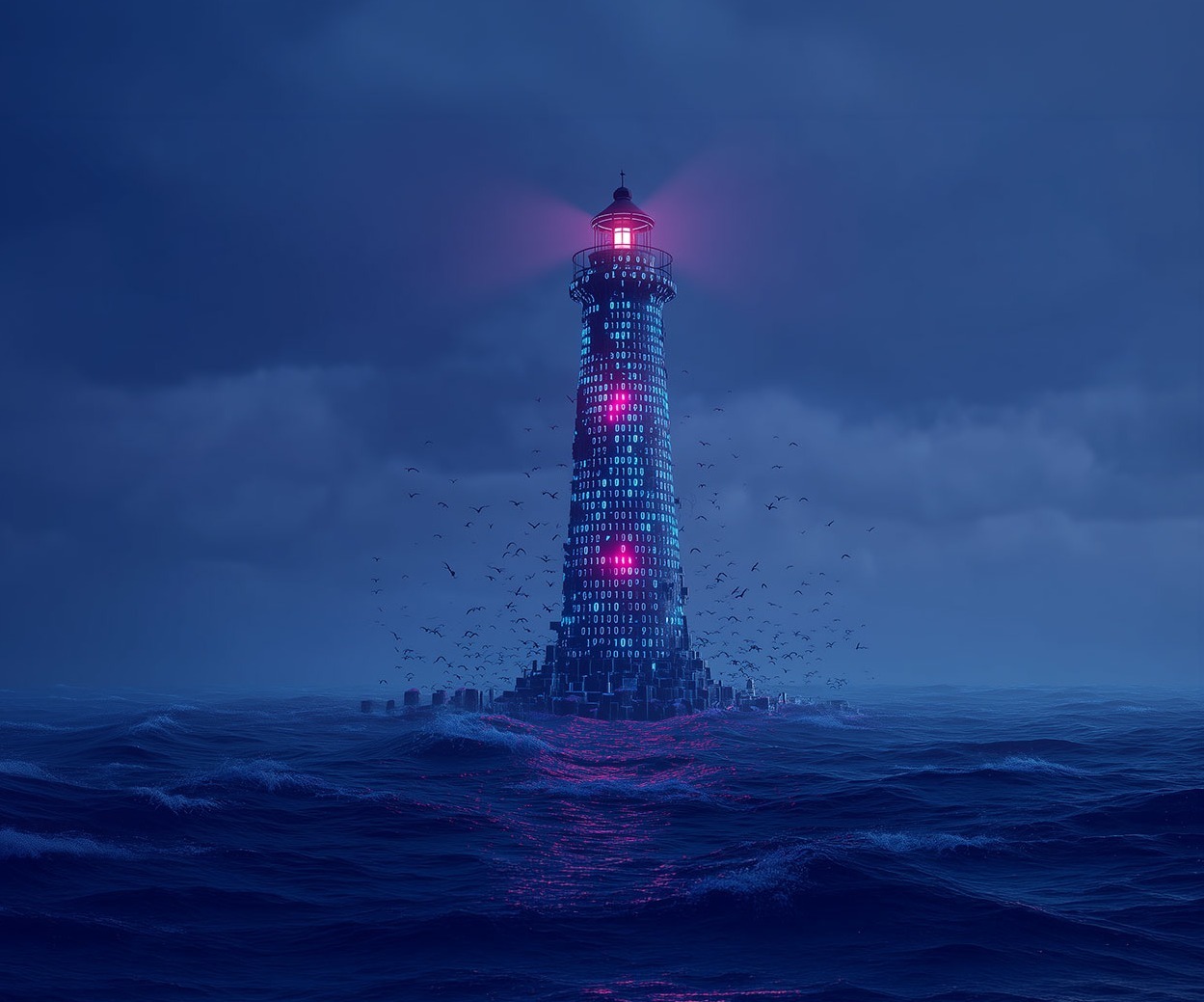 A digital lighthouse on a rocky island in a dark, turbulent ocean