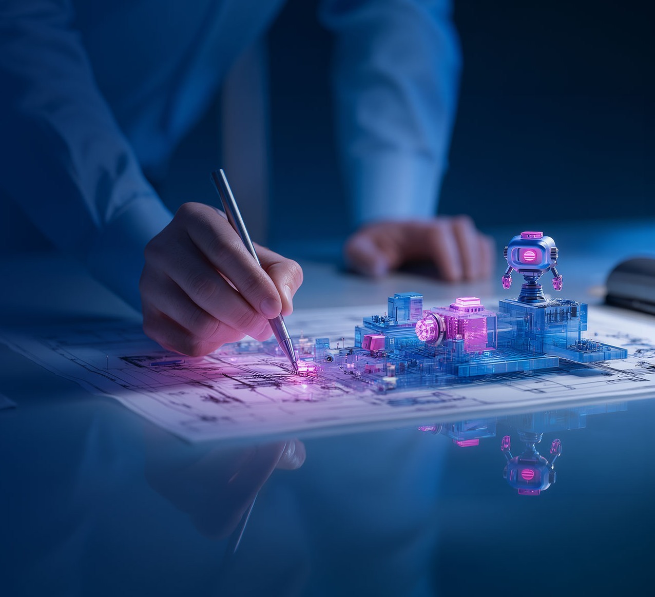 An elegant blueprint is spread out on a glass table; a hand is holding a pen; a tiny robot mascot peeks out from behind the blueprint