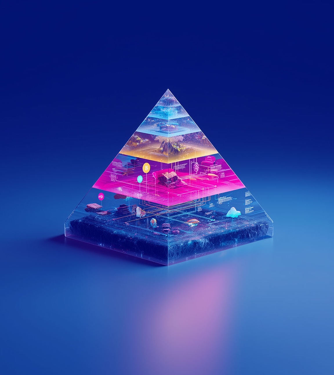 A transparent decision pyramid with color-coded levels ranging from descriptive to predictive to prescriptive analytics, floating symbols, and connecting lines that visualize the data flow.