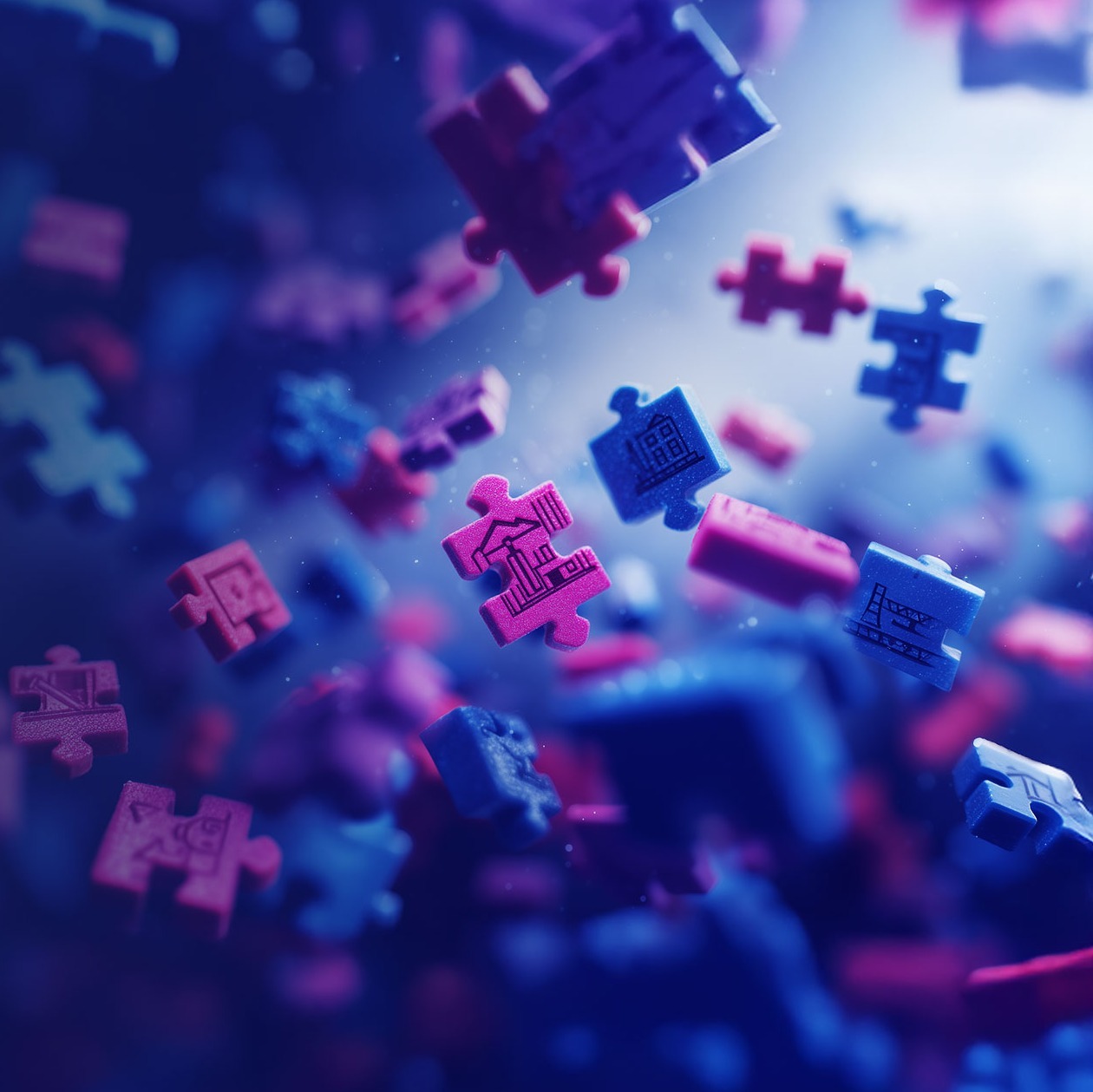 Close-up of colorful puzzle pieces floating in the air, each piece engraved with a different insurance symbol.