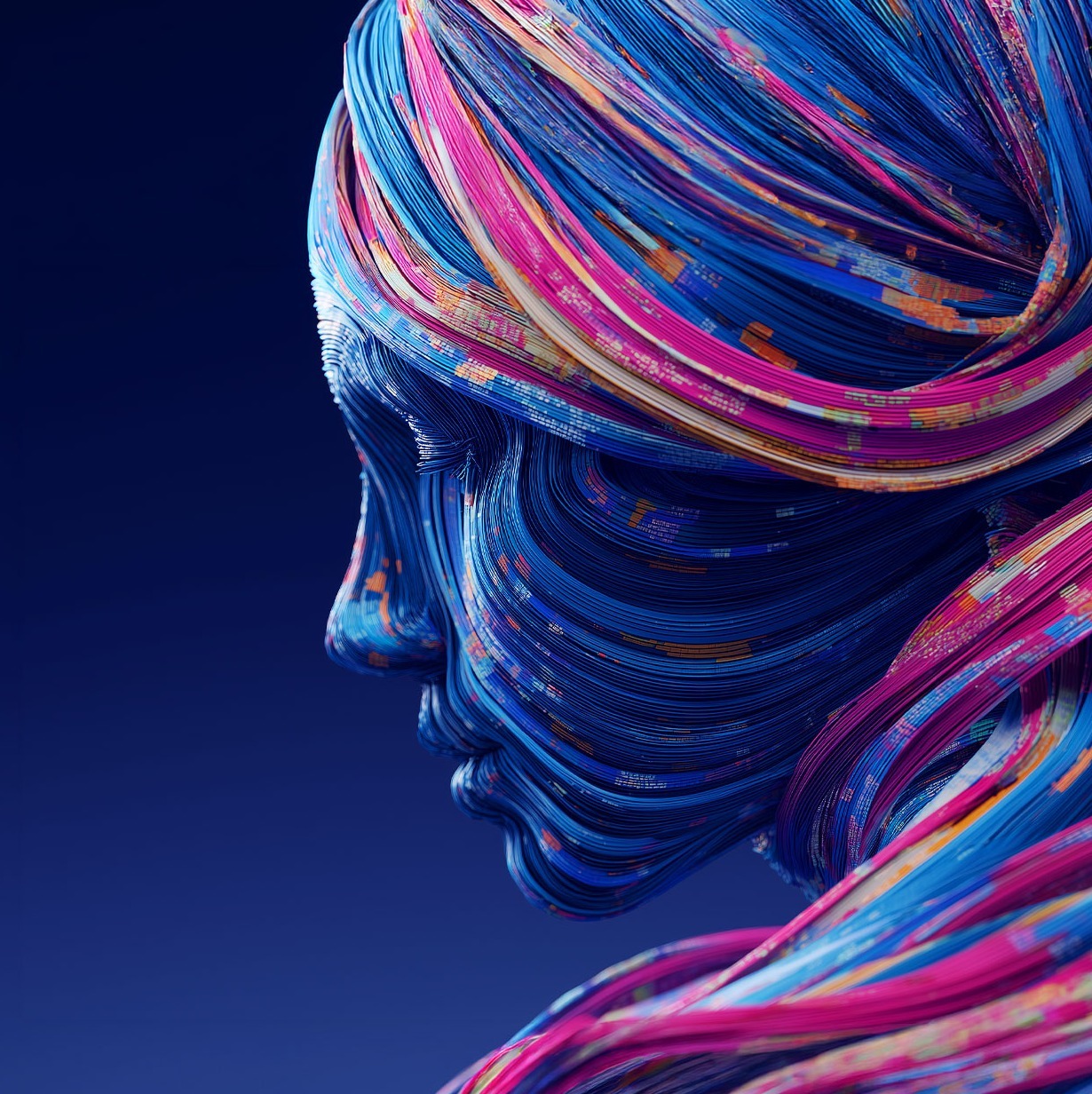 A swirling ribbon of colorful data streams that twists into a human profile, embedded with tiny algorithmic symbols and fragments of code