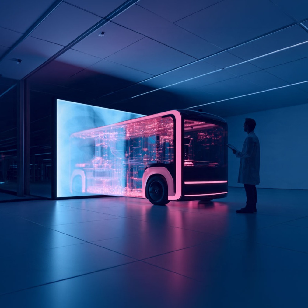 Person im Laborkittel betrachtet in einer dunklen Halle ein autonomes Shuttle, dessen Technik als leuchtende Durchsicht dargestellt ist