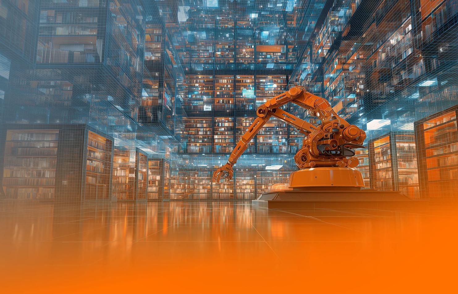 A high-tech library filled with floating holographic files, web pages, internal evaluation reports, and ERP dashboards, all of which are scanned and summarized by an elegant robotic arm.