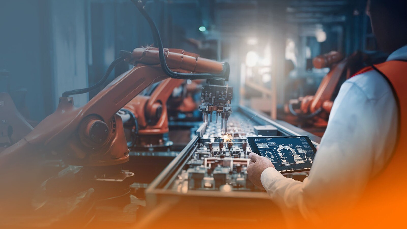 Person working on a production line with industrial robots in a factory hall, with an orange gradient overlay