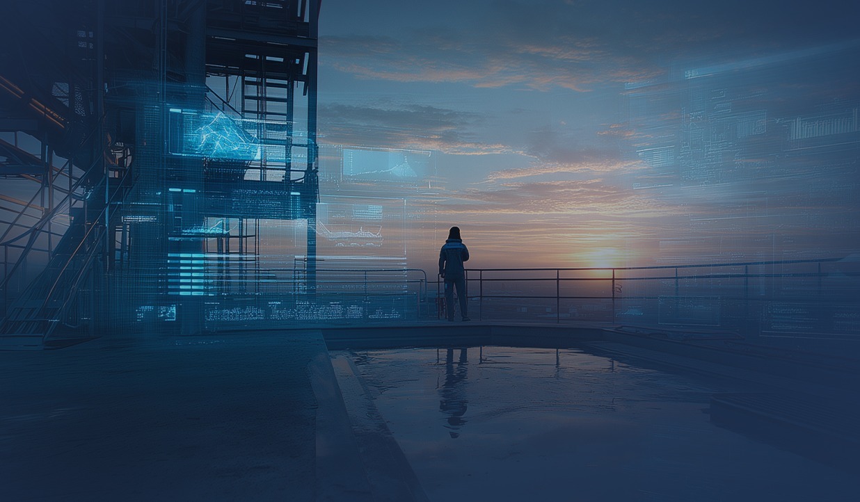 A person stands on a platform at sunset with digitally superimposed graphics.