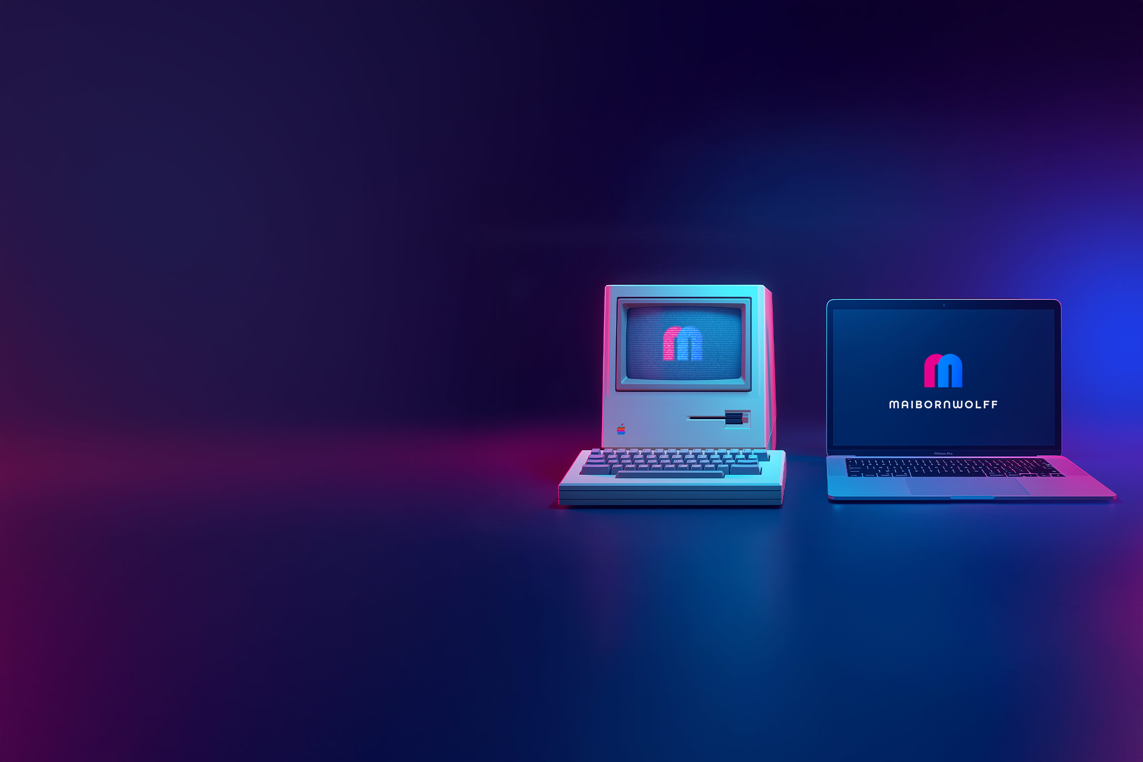 Two computers, a retro one and a modern laptop, show the MaibornWolff logo on their screens in an atmospheric setting.