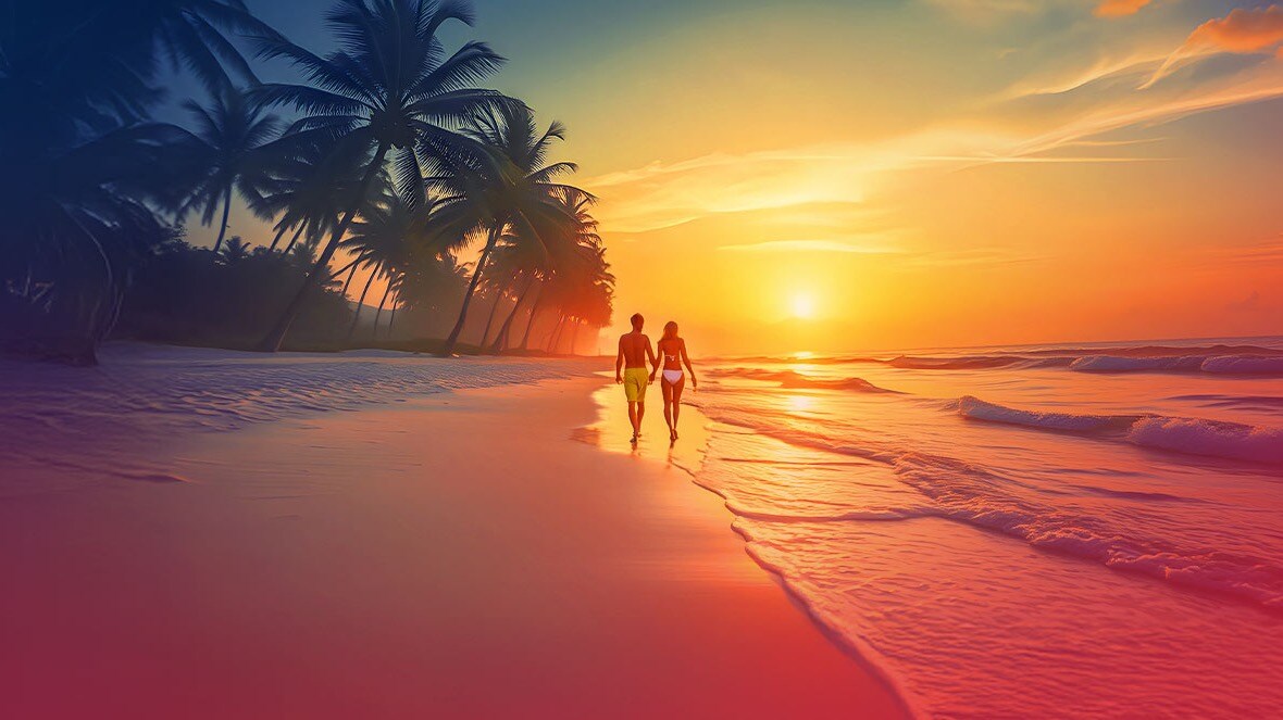 Couple walking on the beach at sunset.