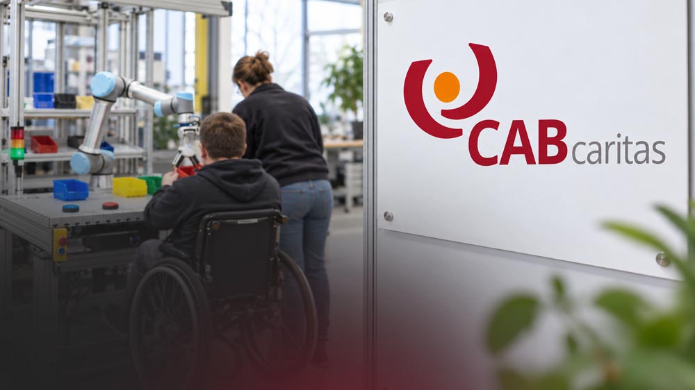 Zwei Personen arbeiten in einer Werkstatt an einem Roboterarm, eine davon im Rollstuhl, daneben ein Schild mit dem Logo CAB caritas