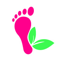 Footprint icon in red with two green leaves on the side.