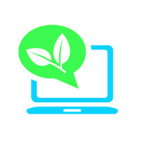 Computer icon in blue with speech bubble in green, with two leaves inside.