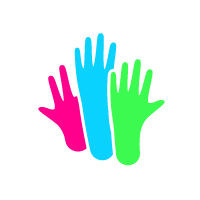 Three graphically indicated hands stretched upwards in the colors red, blue, green.