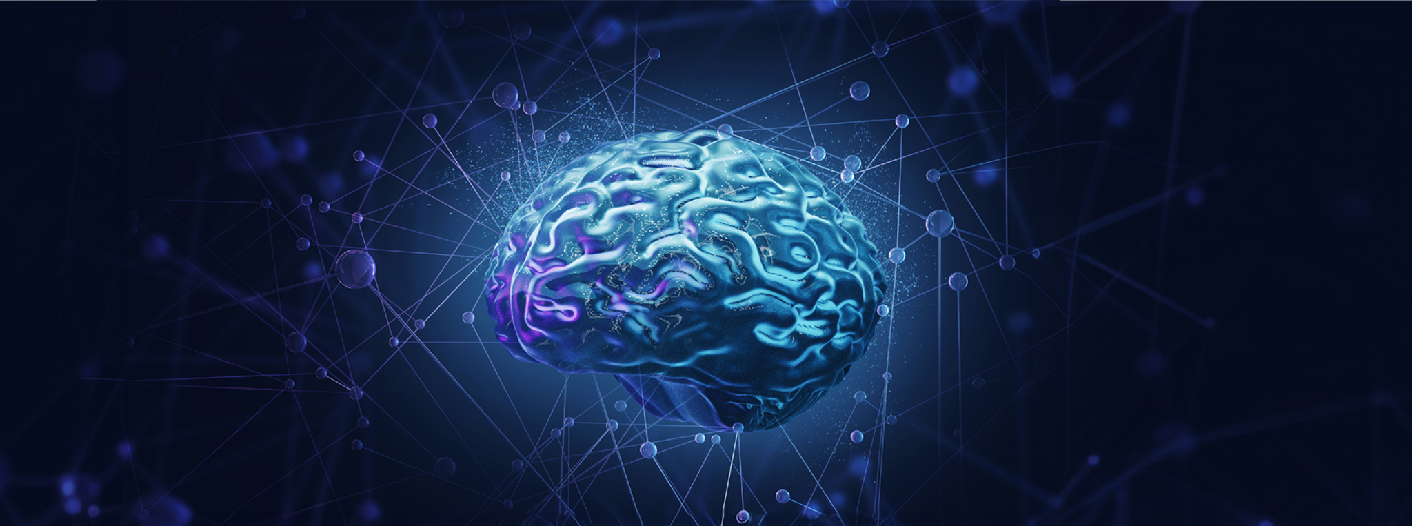 Eine Visualisierung eines neuronalen Netzwerks anhand eines menschlichen Gehirns in blauer Farbe. 